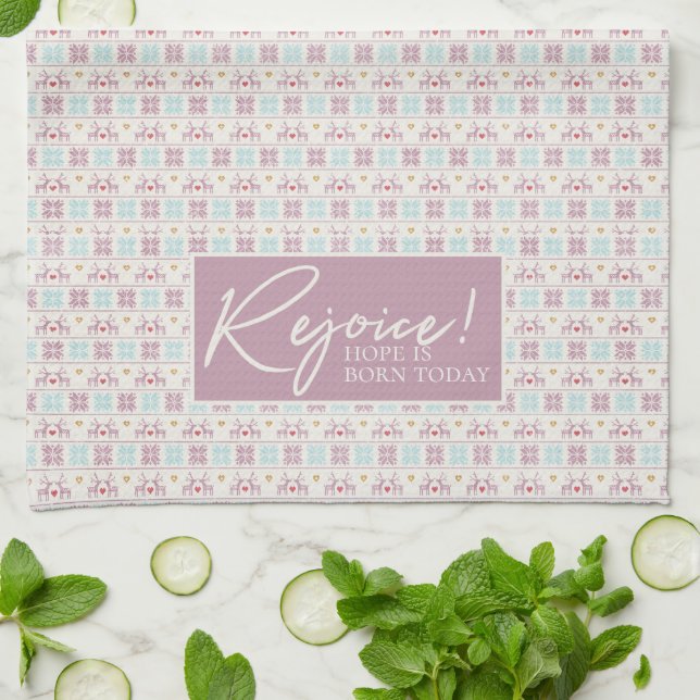 Rejoice Christmas Pastel Typography Snowflakes Kitchen Towel (Folded)