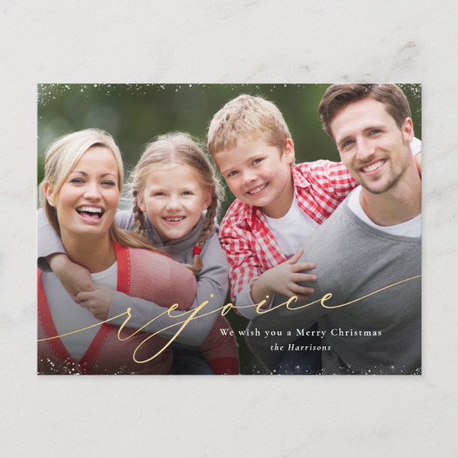 Rejoice Christmas Photo Faux Gold Script Holiday Postcard (Front)