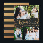 Rejoice | Collage Christmas Card | Faux Foil Black<br><div class="desc">Faux gold foil decorative elements create an elegant effect for these classy four photo holiday cards in dark gray.  Easy to customize with your own photos and text!</div>