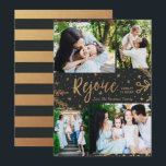 Rejoice | Collage Christmas Card | Faux Foil Black<br><div class="desc">Faux gold foil decorative elements create an elegant effect for these classy four photo holiday cards in dark gray.  Easy to customize with your own photos and text!</div>