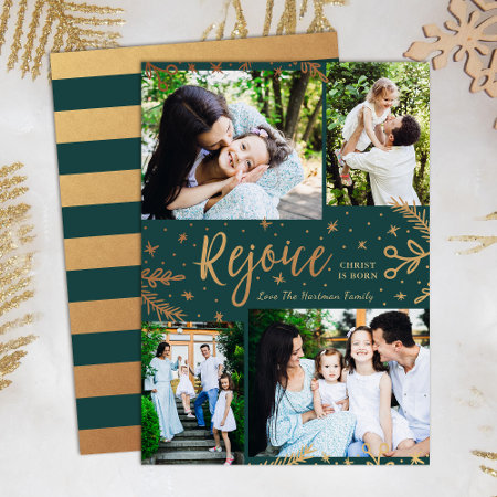 Rejoice | Collage Christmas Card | Faux Foil Green