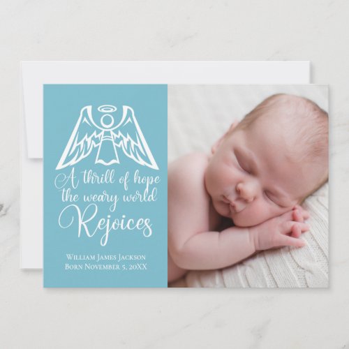 Rejoice Elegant Baby Boy Photo Blue Christmas Holiday Card