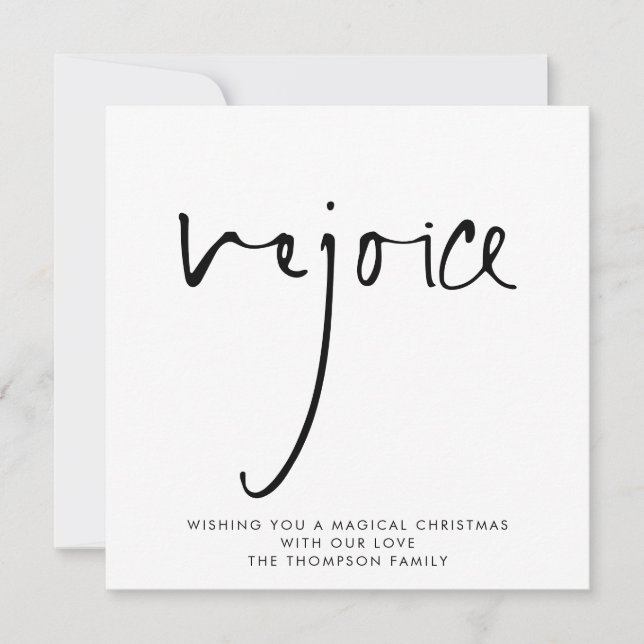 Rejoice Elegant Script Black White Christmas  Note Card (Front)