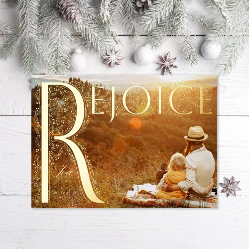 Rejoice Filagree Christian Full Bleed Photo Foil Holiday Card