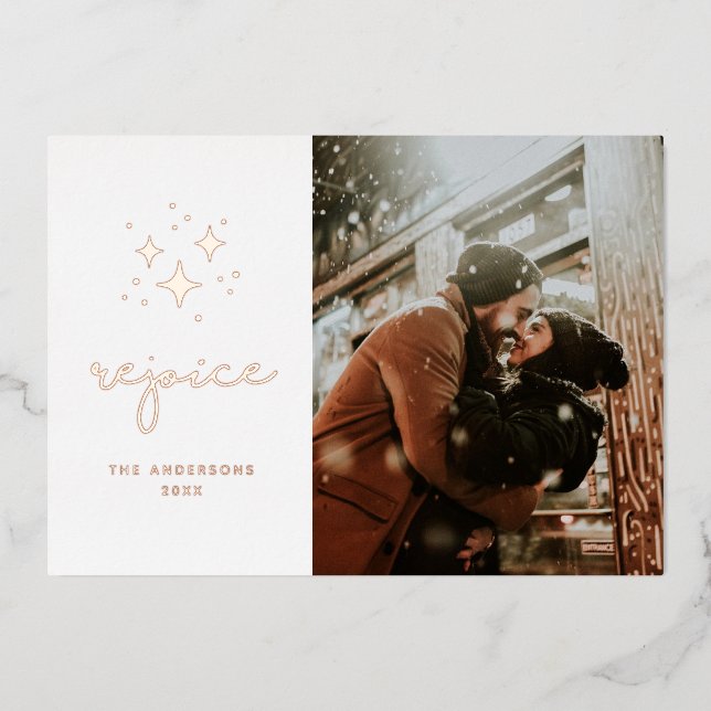 Rejoice. Gold stars / Religious Christmas photo Foil Holiday Card (Front)