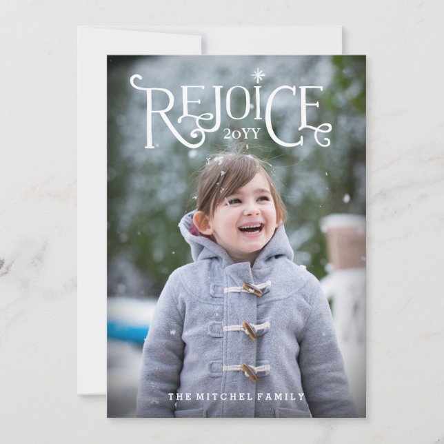 Rejoice Hand Lettered Style Photo Christmas Card (Front)