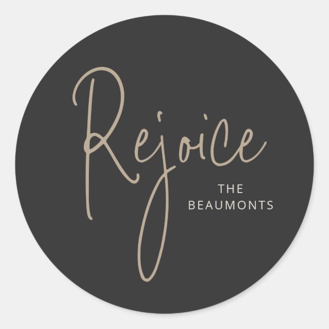 Rejoice Holiday Simple Black Gold Classic Round Sticker (Front)