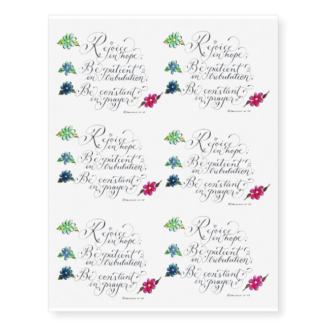 Rejoice in hope inspirational verse temporary tattoos (Front)