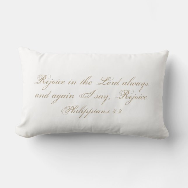 Rejoice in the Lord always. Bible Verse Script Lumbar Pillow (Front)