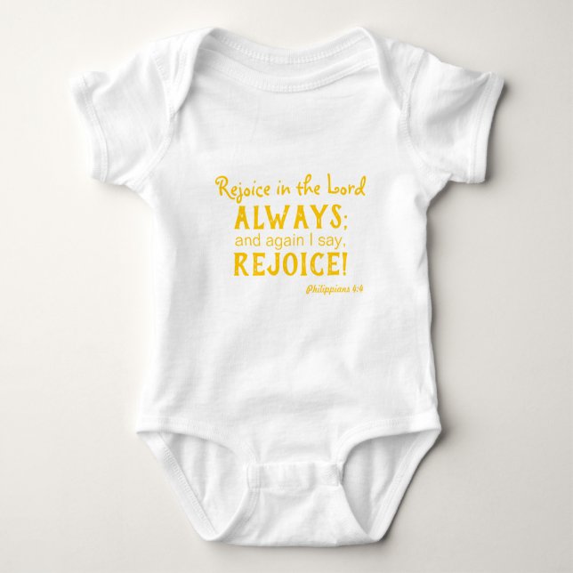Rejoice in the Lord Always Scripture Baby Bodysuit (Front)
