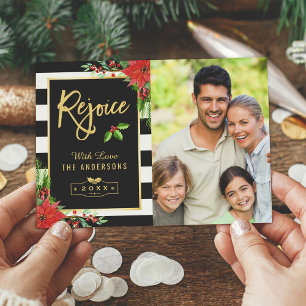 Rejoice Merry Christmas Poinsettia Floral Photo Holiday Card