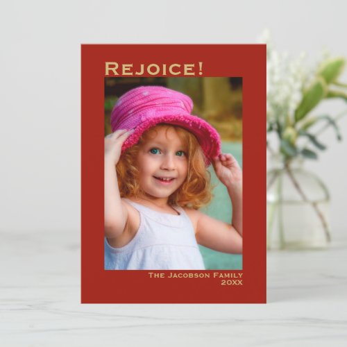 Rejoice Minimalist Red  Gold Photo Christmas Holiday Card