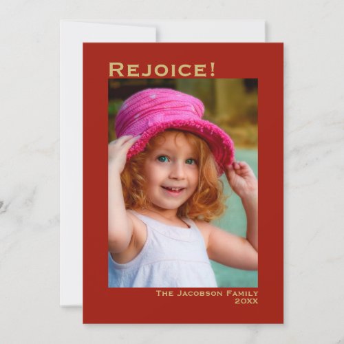 Rejoice Minimalist Red  Gold Photo Christmas Holiday Card