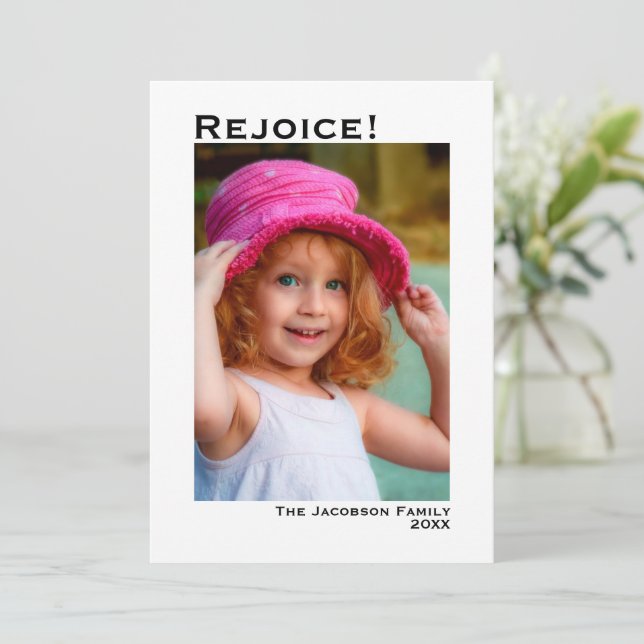 Rejoice! Minimalist White Photo Christmas Holiday Card (Standing Front)