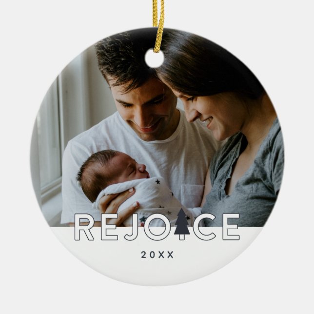 Rejoice Modern Custom Photo Christmas Ceramic Ornament (Front)