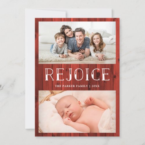 Rejoice on Red Wood  Rustic Multi Photo Christmas Holiday Card