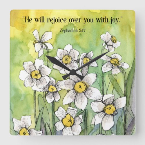 Rejoice Over You Bible Scripture Daffodil Flowers Square Wall Clock