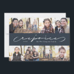 Rejoice photo collage navy Christmas card<br><div class="desc">A modern script message of "rejoice" is framed by 8 photos on a festive navy blue background. This religious-themed Christmas card is the perfect way to send holiday greetings to friends and loved ones. The back is a coordinating navy plaid.</div>