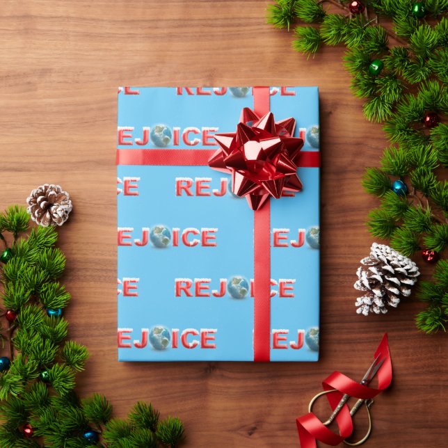 REJOICE red text with snow and planet earth Wrapping Paper (Holiday Gift)