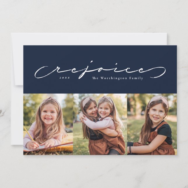 Rejoice religious holiday navy three photo card (Front)