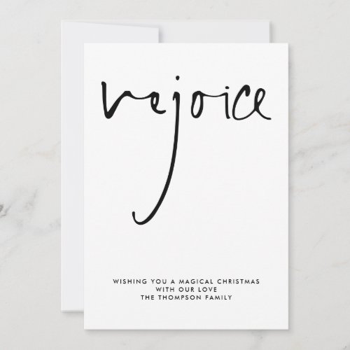 Rejoice Script Black White Name Christmas Holiday Card
