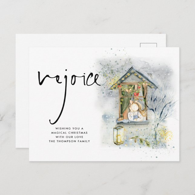 Rejoice Script Christmas Girl at Window Postcard (Front/Back)