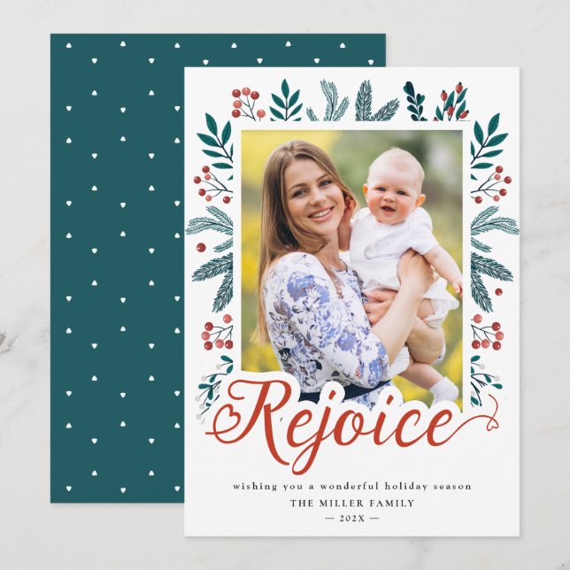 Rejoice Script Christmas Pine Holly Berries Photo Holiday Card (Front/Back)