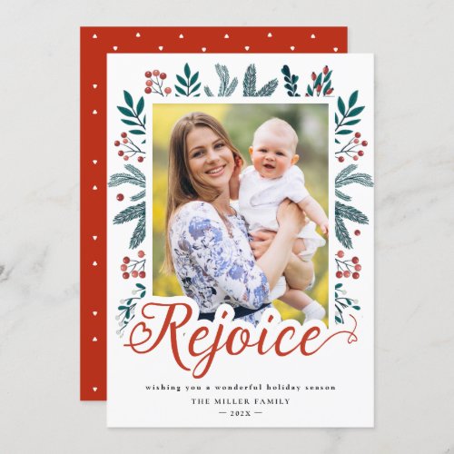 Rejoice Script Festive Christmas Red Berries Photo Holiday Card