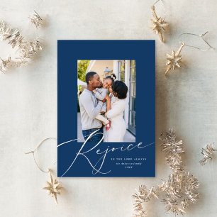 Rejoice Script Religious Christmas Photo Blue + Foil Holiday Card