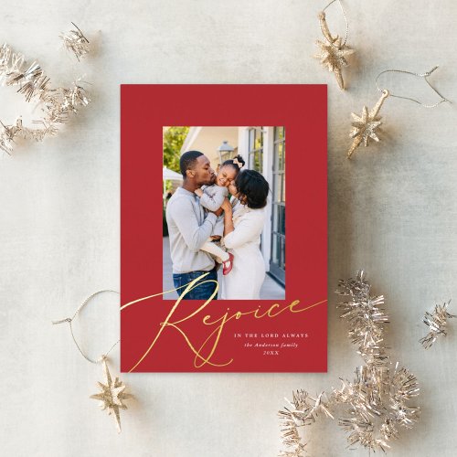Rejoice Script Religious Christmas Photo Red Gold Foil Holiday Card
