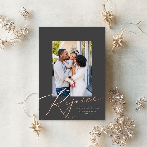 Rejoice Script Religious Christmas Photo Rose Gold Foil Holiday Card