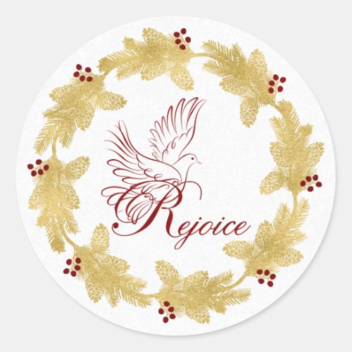 Rejoice with Dove Gold Holiday Wreath with Berries Classic Round Sticker