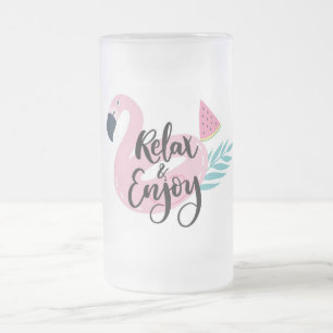 Relax and Enjoy Flamingo Frosted Glass Beer Mug