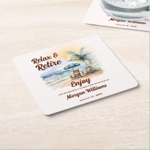 Relax and Retire Tropical Beach Chair Retirement Square Paper Coaster