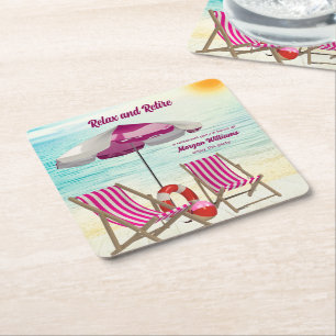 Relax and Retire Tropical Beach Chair Retirement Square Paper Coaster