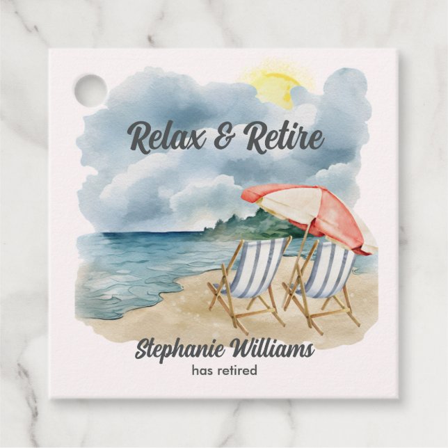 Relax and Retire Tropical Beach Chair Themed Party Favor Tags (Front)