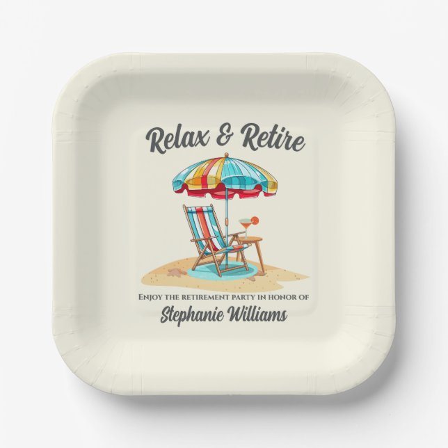 Relax and Retire Tropical Cocktail Beach Chair  Paper Plates (Front)