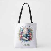 “Relax” cat reading tote bag