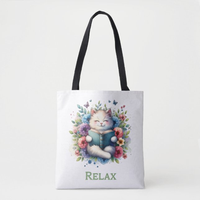 “Relax” cat reading tote bag (Front)