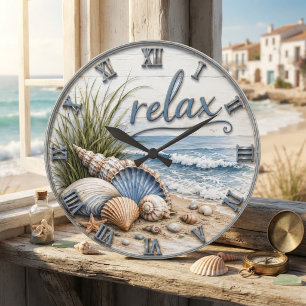 Relax Coastal Beach Ocean Beach House Decor Large Clock