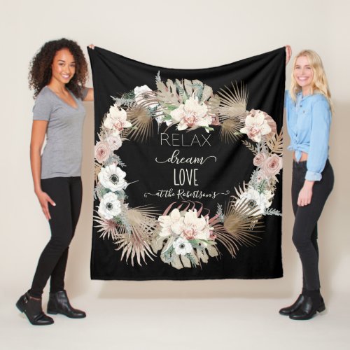 Relax Dream Love Black Blush Tropical White Floral Fleece Blanket