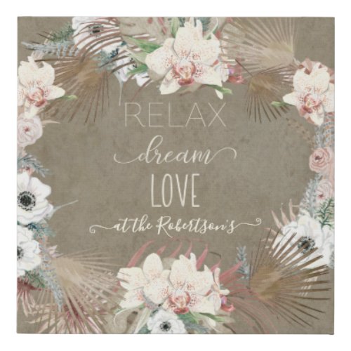 Relax Dream Love Earthy Seaside Palm Floral Wreath Faux Canvas Print