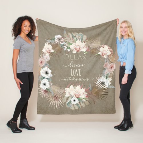 Relax Dream Love Earthy Tropical Tan White Floral Fleece Blanket