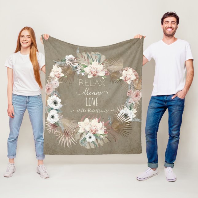 Relax Dream Love Earthy Tropical Tan White Floral Fleece Blanket (In Situ)
