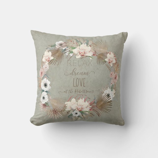 Relax Dream Love Floral Seaside Beach Palm Sage Throw Pillow (Front)