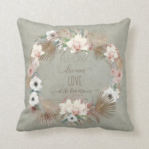 Relax Dream Love Floral Seaside Beach Palm Sage Throw Pillow