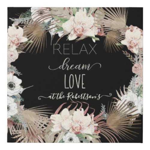 Relax Dream Love Modern Seaside Palm Floral Wreath Faux Canvas Print