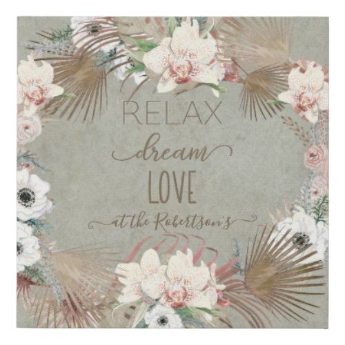 Relax Dream Love Sage Watercolor Palm White Floral Faux Canvas Print