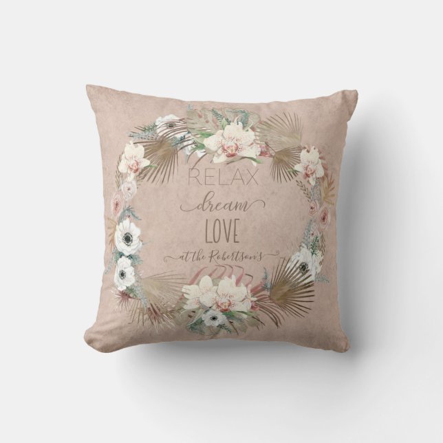 Relax Dream Love Seaside Beach Palm Blush Floral Throw Pillow (Front)
