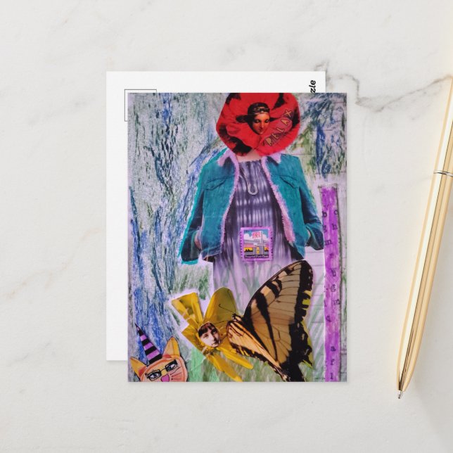 Relax Floral Woman Messy Mixed Media Collage Postcard (Front/Back In Situ)